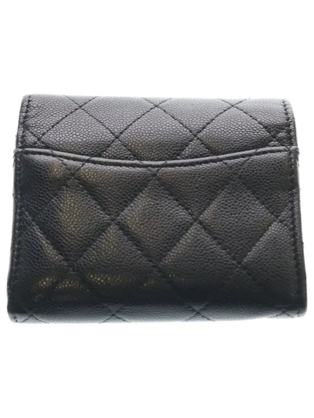 Chanel CC Logo Quilted Caviar Leather Compact Wallet Trifold Black Gold